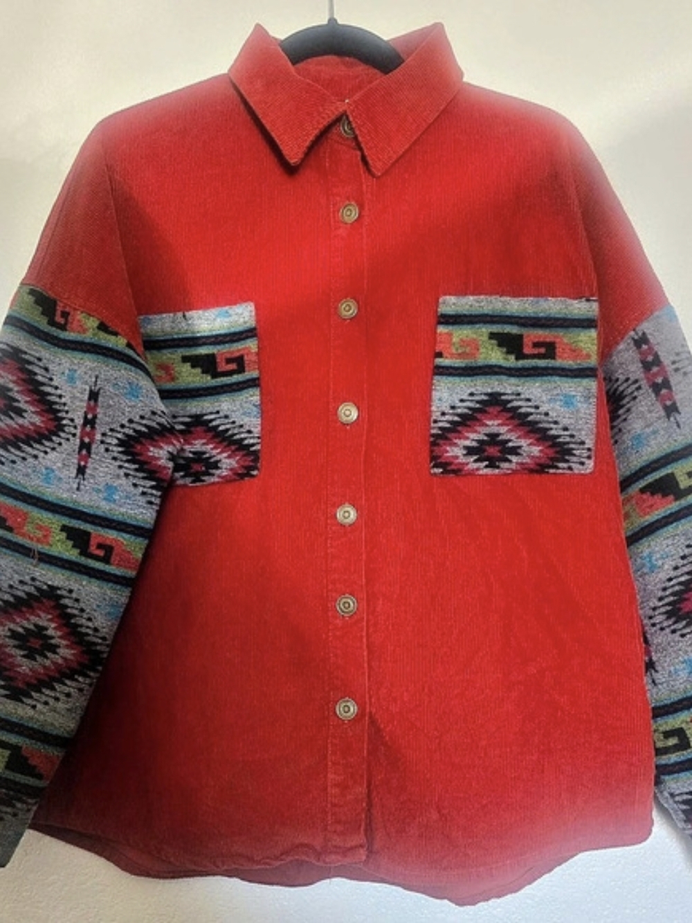 Red Geometric Corduroy Shirt Jacket Women's Size L